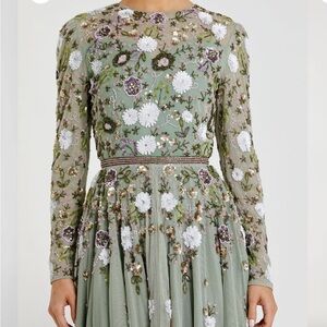 NWT Mac Duggal Green Sequined Floral Long Sleeve High Neck Midi Dress 5716 $498